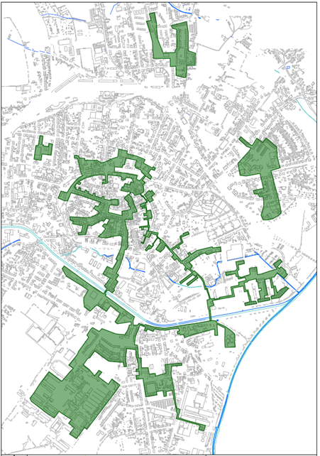 Karte von Zittau mit gr&uuml;n hinterlegten Fl&auml;chen, die mit Fernw&auml;rme versogt werden